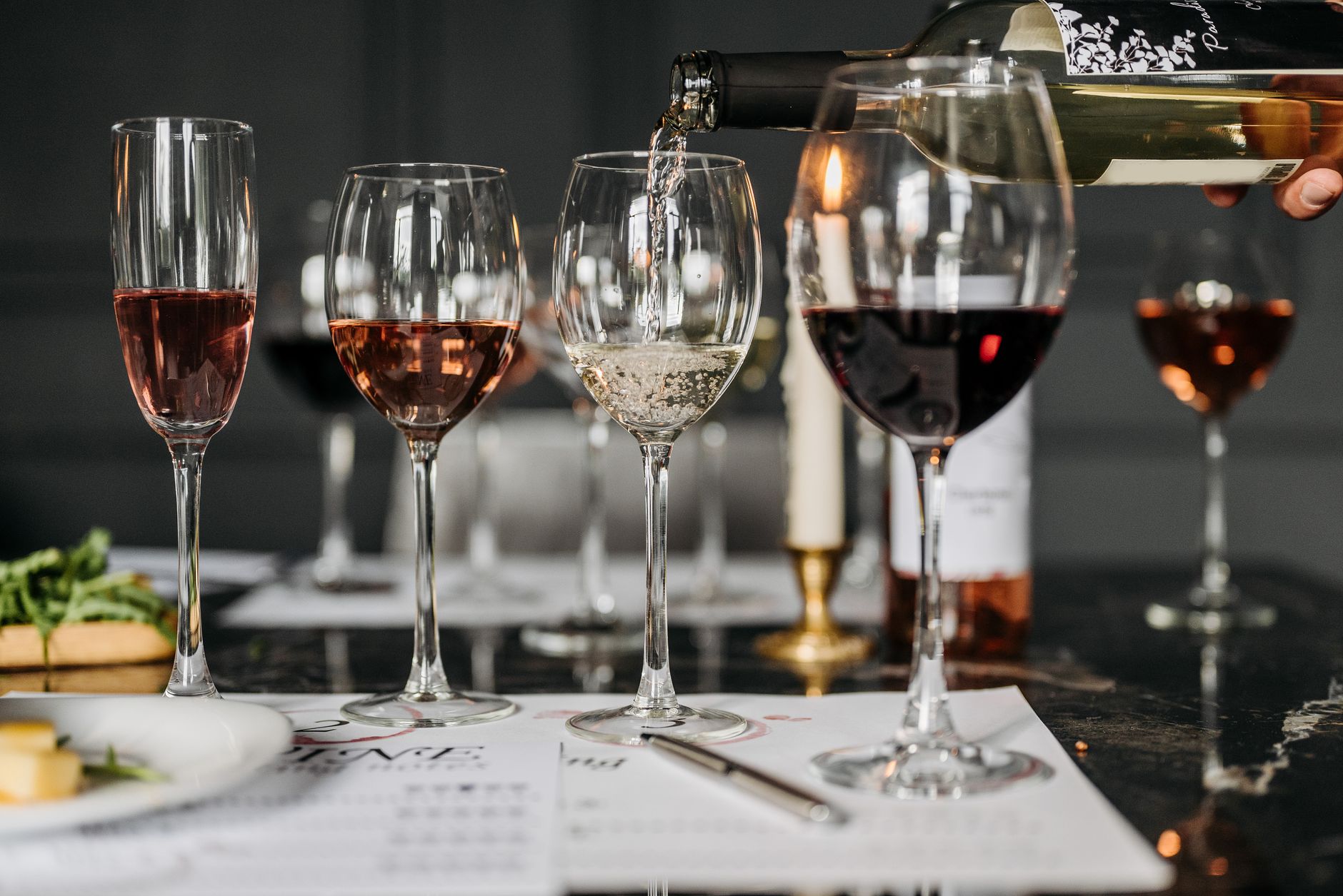 Wine glasses arranged for a tasting